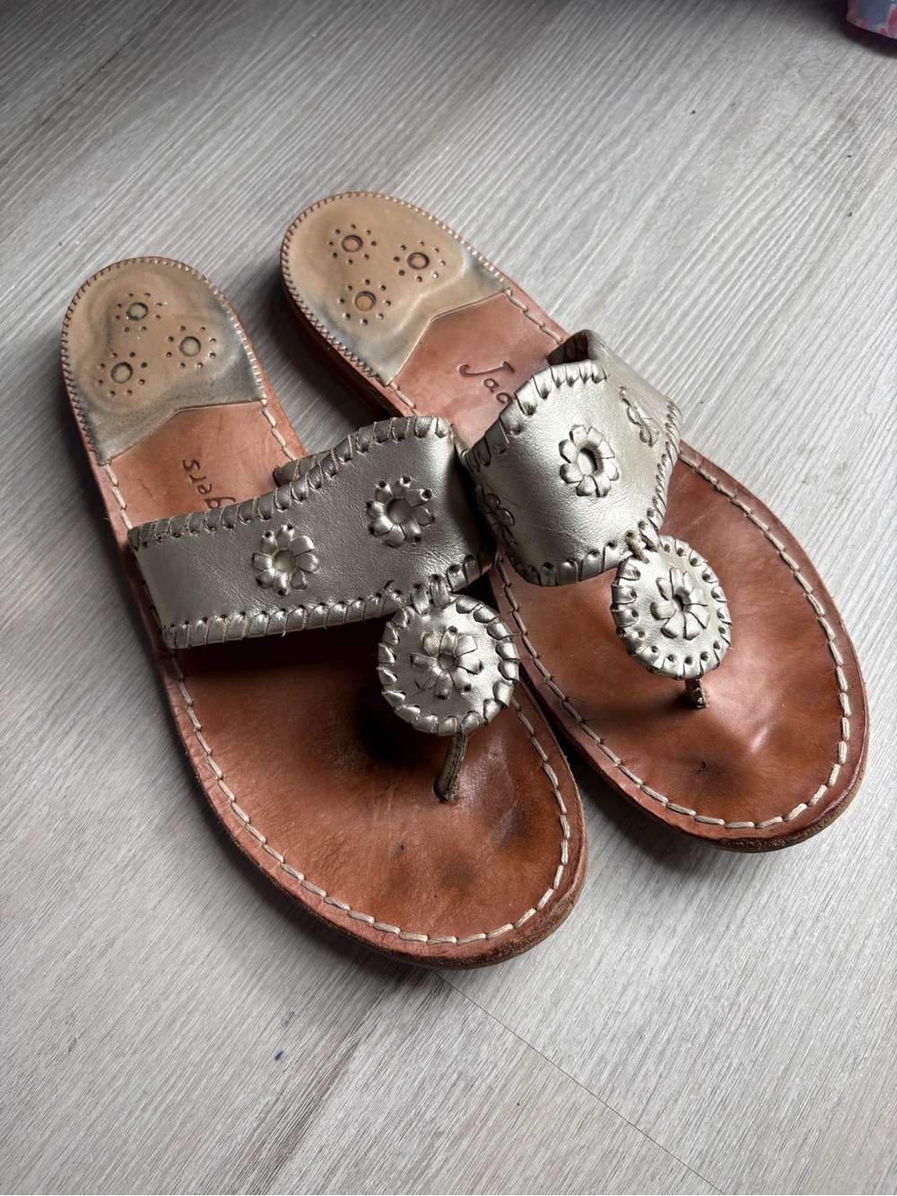 Jack Rogers Silver Leather Toe-Post Sandals